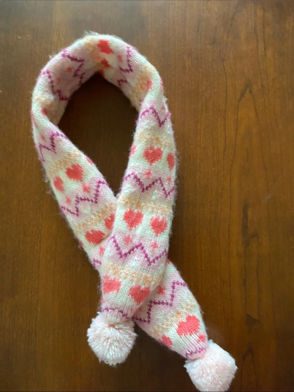 Pink Heart Knit Scarf with Pom-Poms